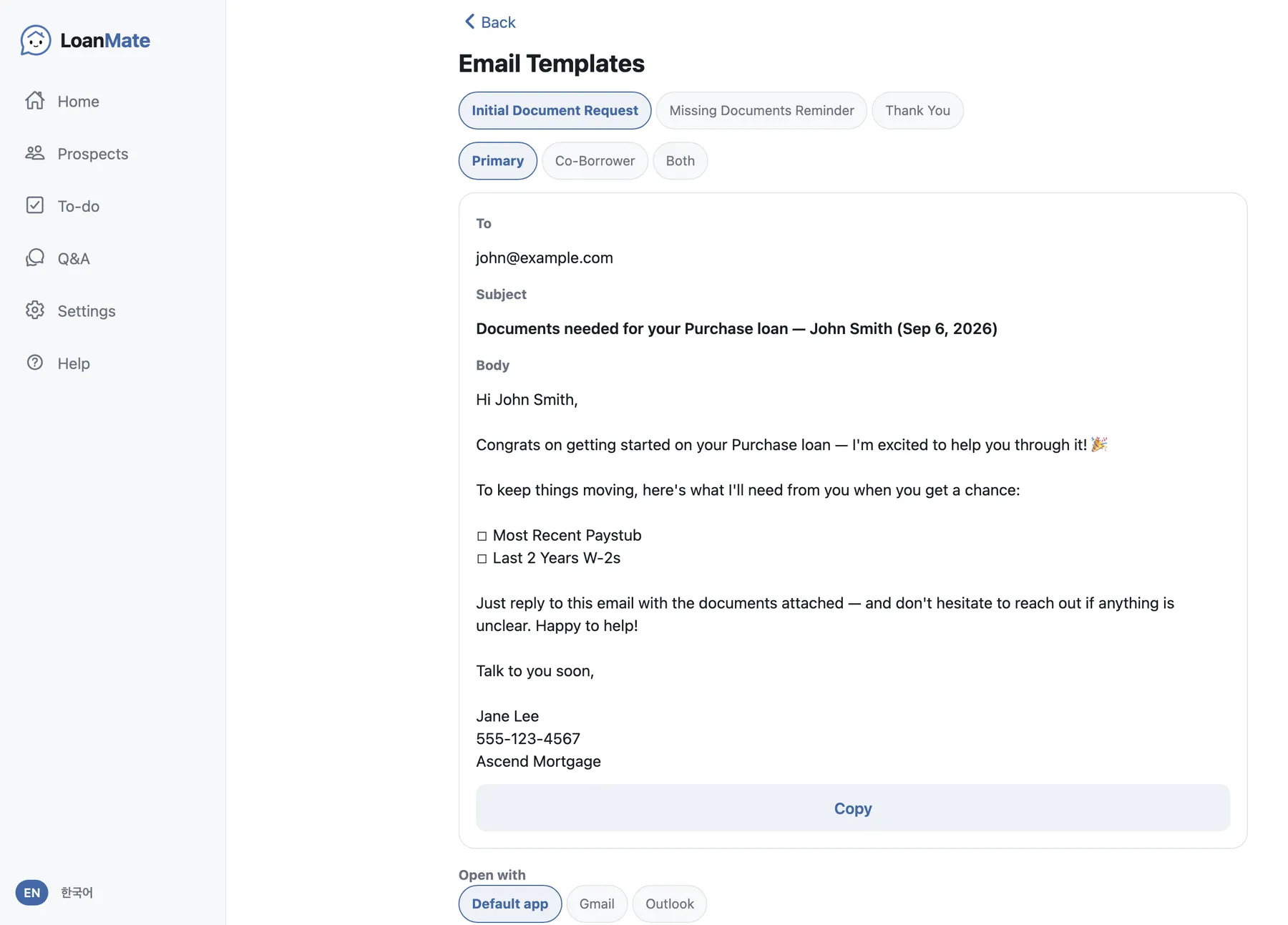The email template screen with Initial Document Request selected, a recipient picker, and a drafted message that lists the two outstanding documents.