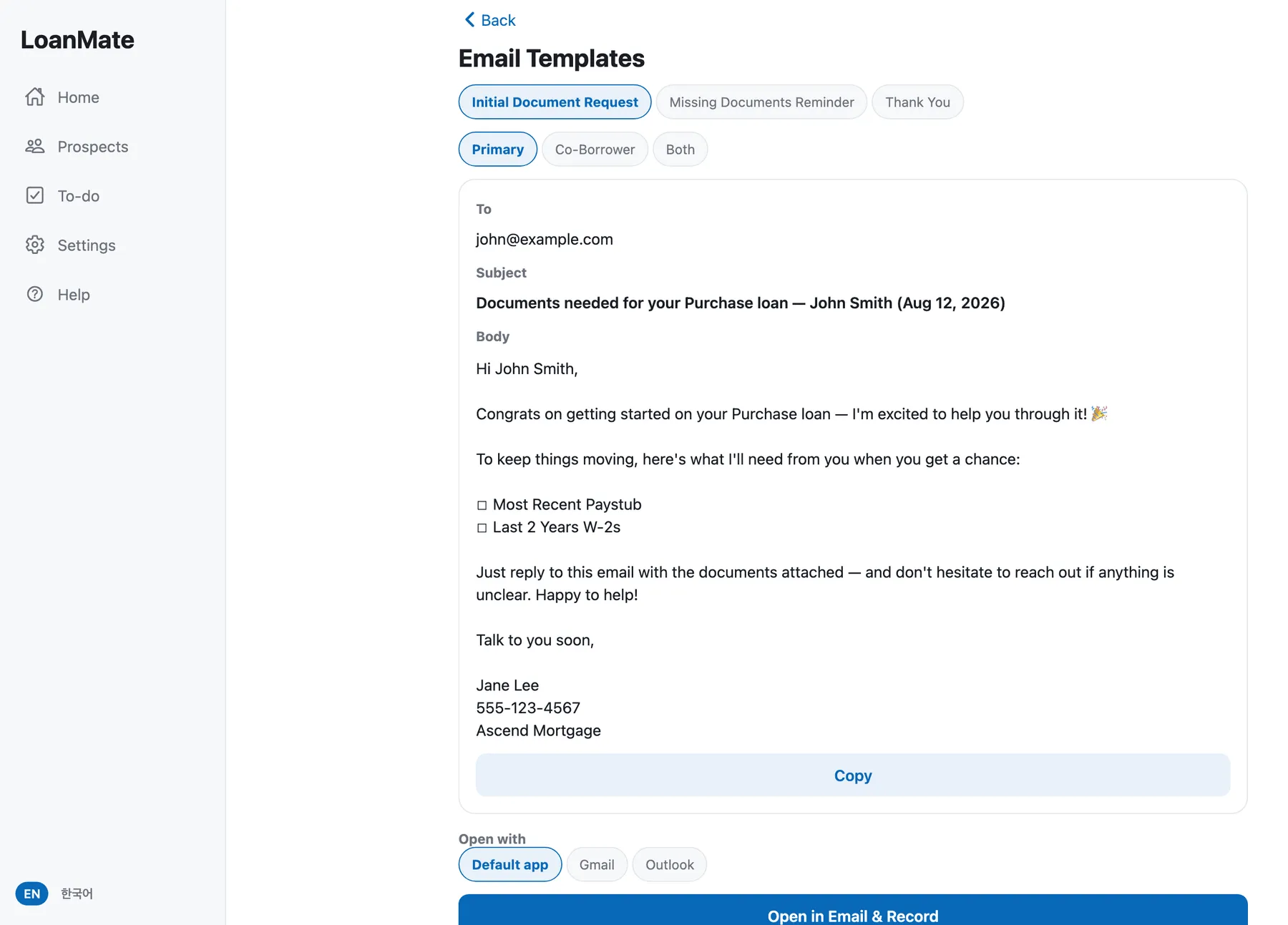 The email template screen with Initial Document Request selected, a recipient picker, and a drafted message that lists the two outstanding documents.