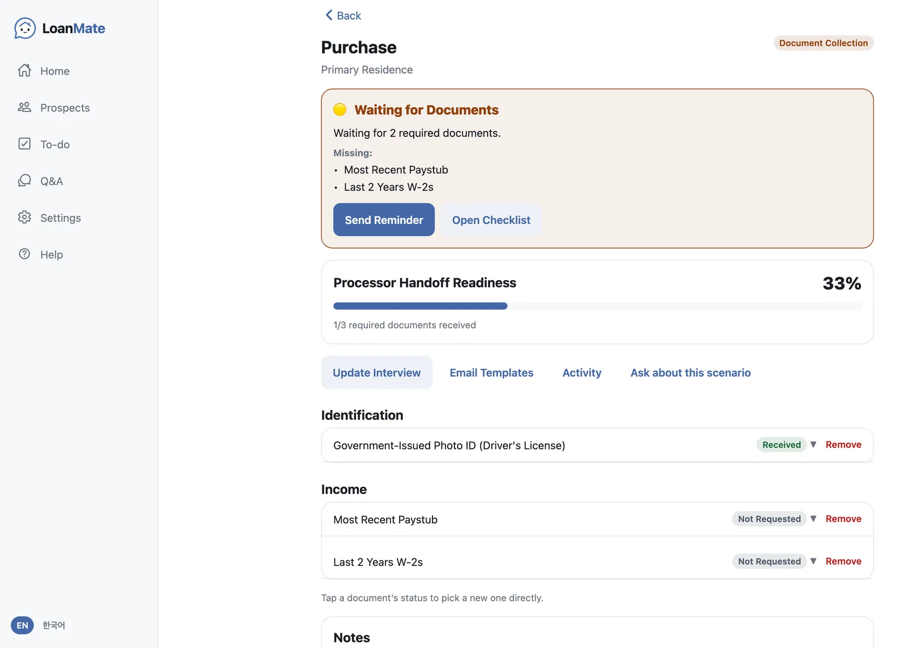 A loan in LoanMate showing "Processor Handoff Readiness 33%", a banner listing two missing documents, and a checklist grouped by Identification and Income with Received and Not Requested badges.